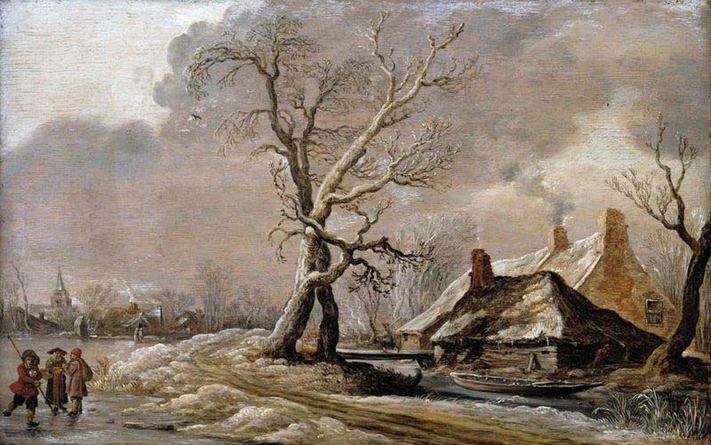 Winter Landscape with Farmhouses along a Ditch.